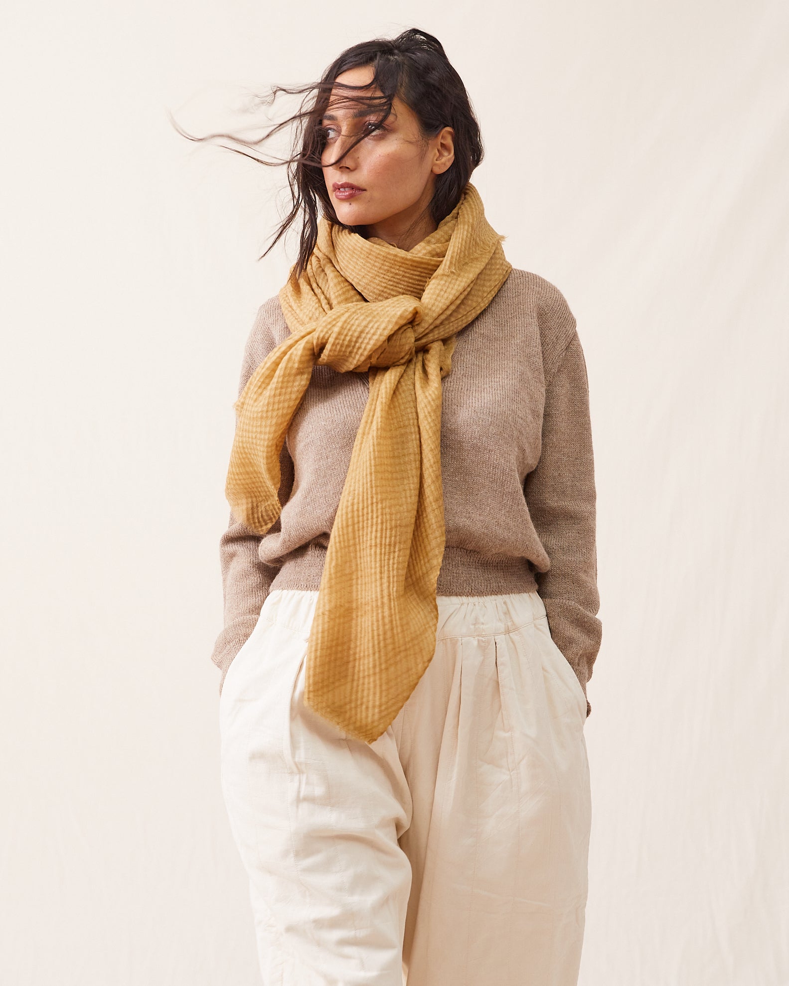 Arashi Shibori Indigo Pashmina Wool Shawl –  Beige