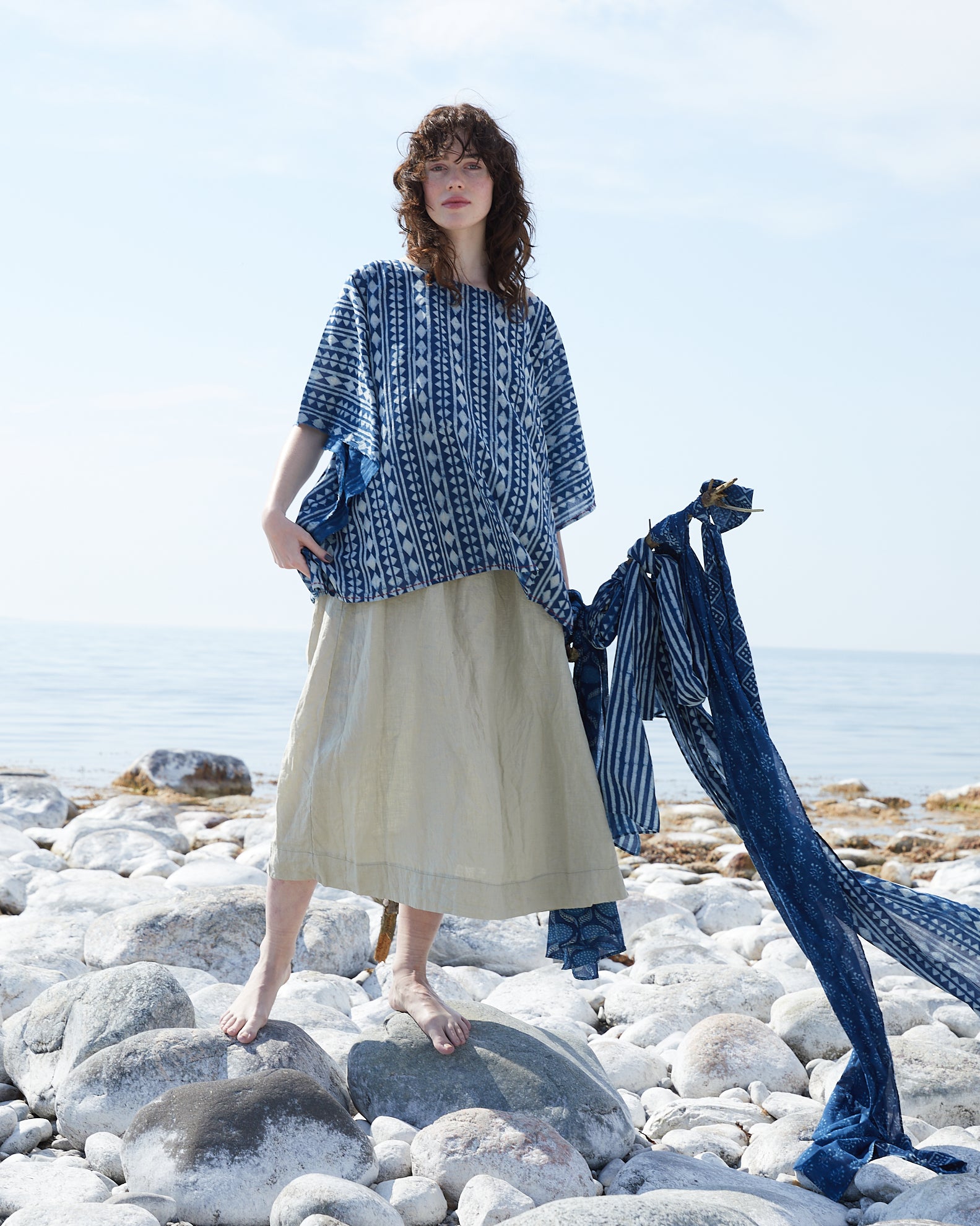 Blouse Trial. Block & clay printed, overdyed with indigo in thin cotton voile