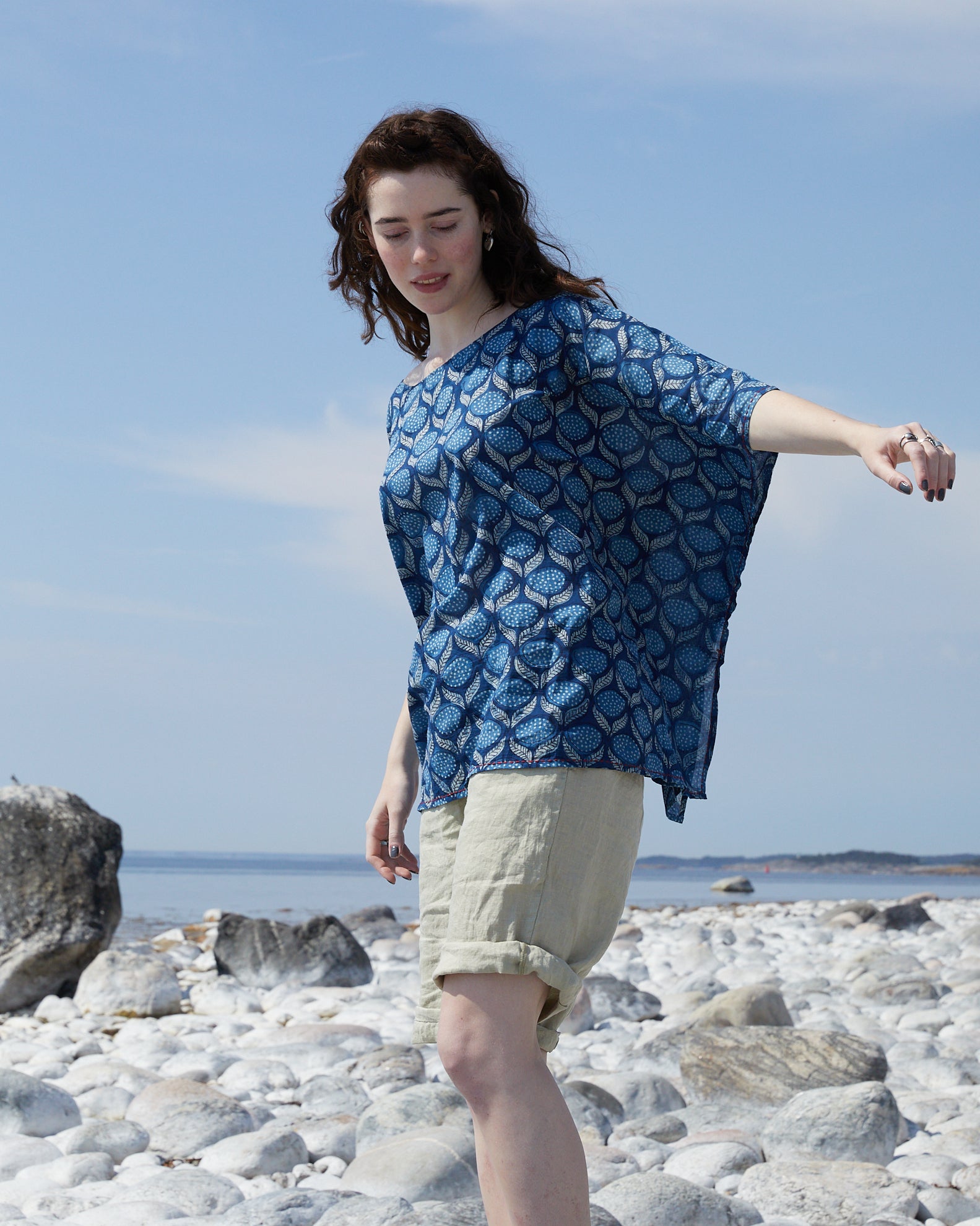 Blouse Bloom. Block & clay printed, overdyed with indigo in thin cotton voile