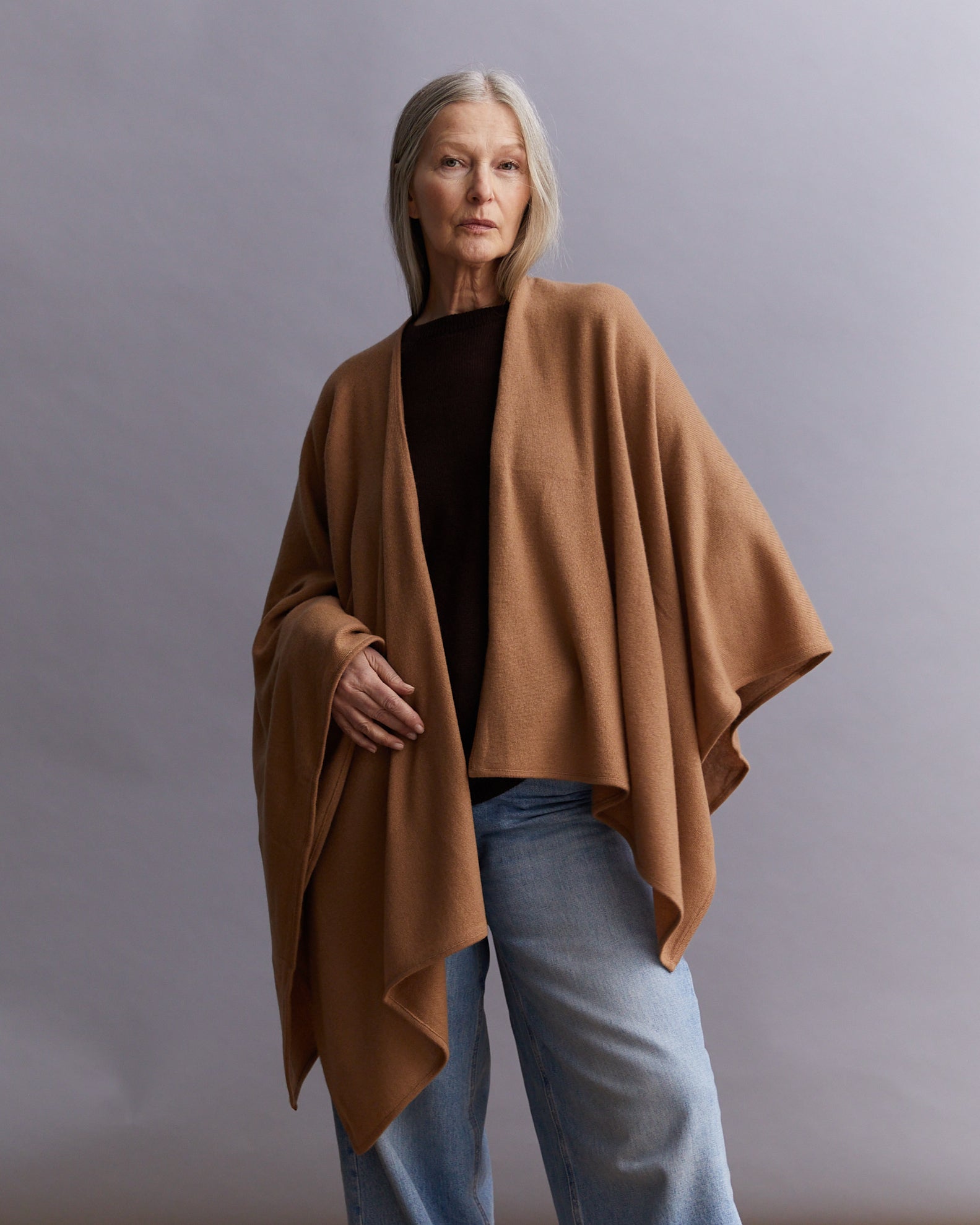 Cashmere poncho from Nepal, exclusive, Camel beige