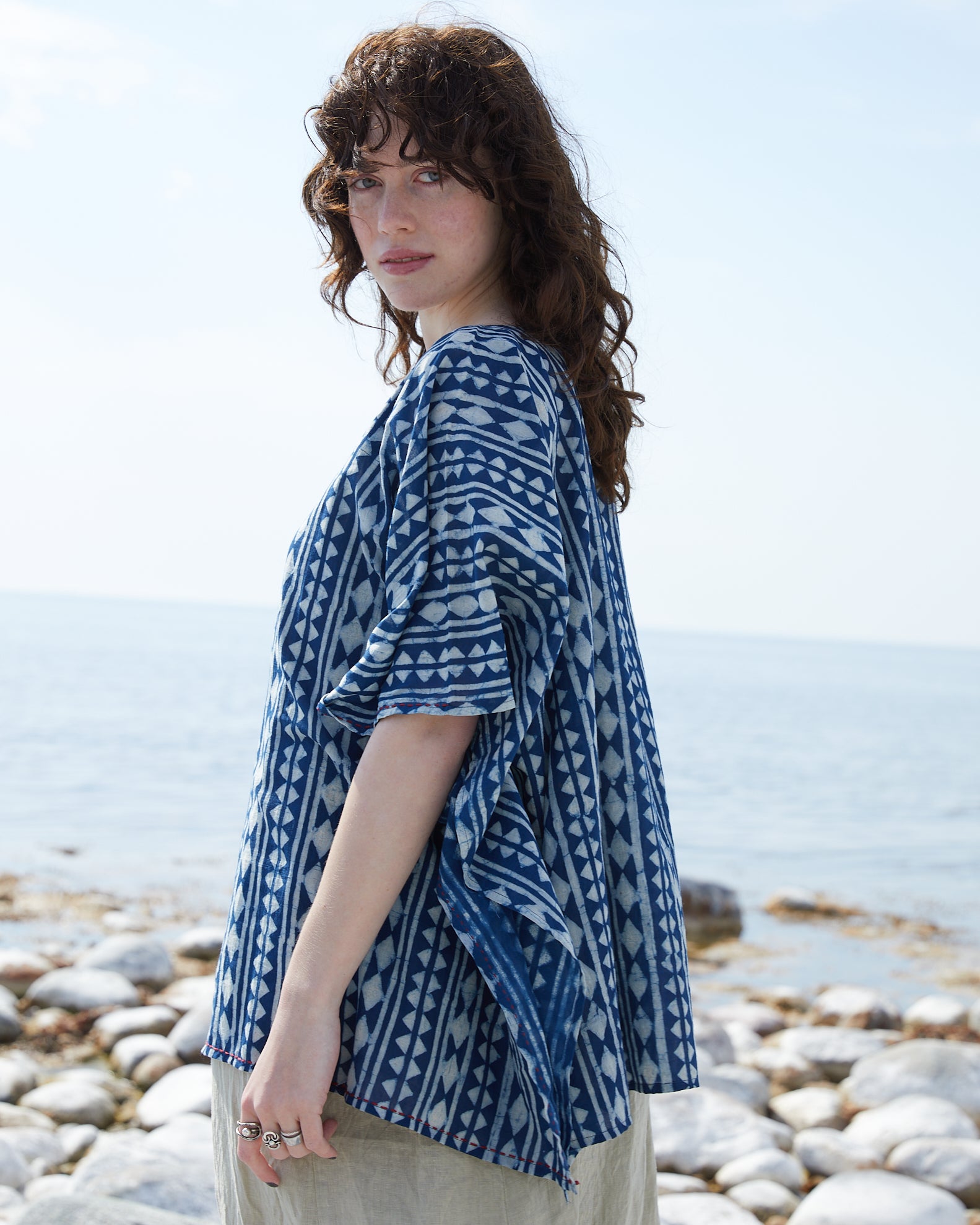 Blouse Trial. Block & clay printed, overdyed with indigo in thin cotton voile