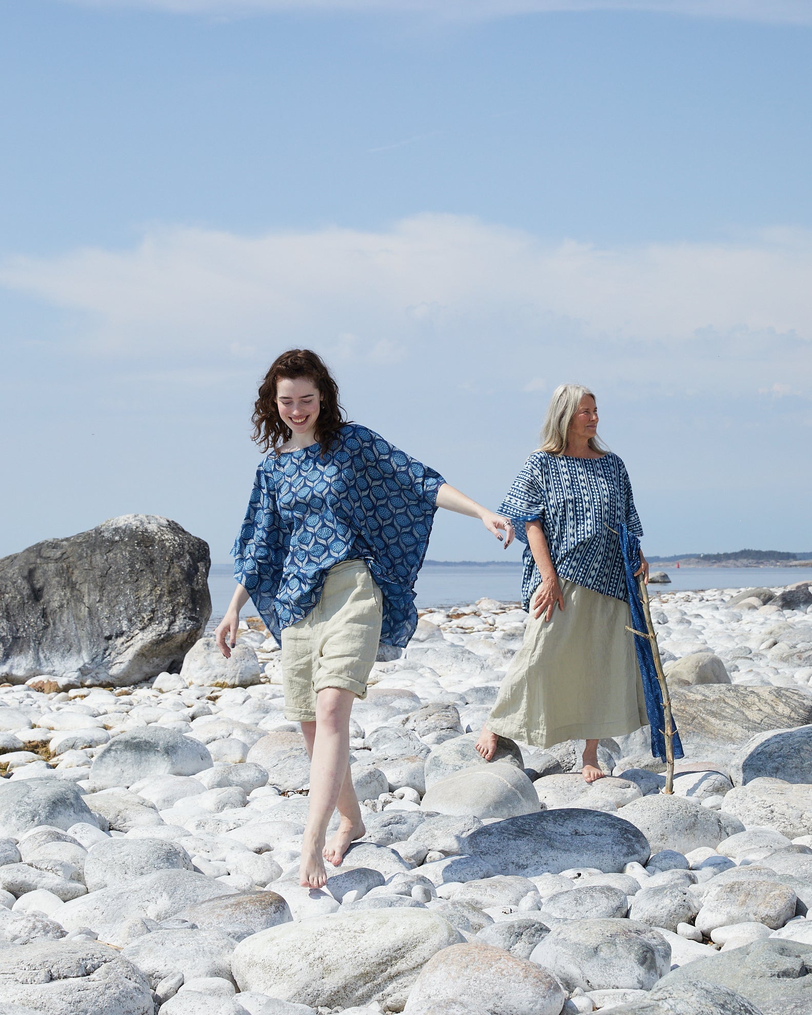 Blouse Bloom. Block & clay printed, overdyed with indigo in thin cotton voile