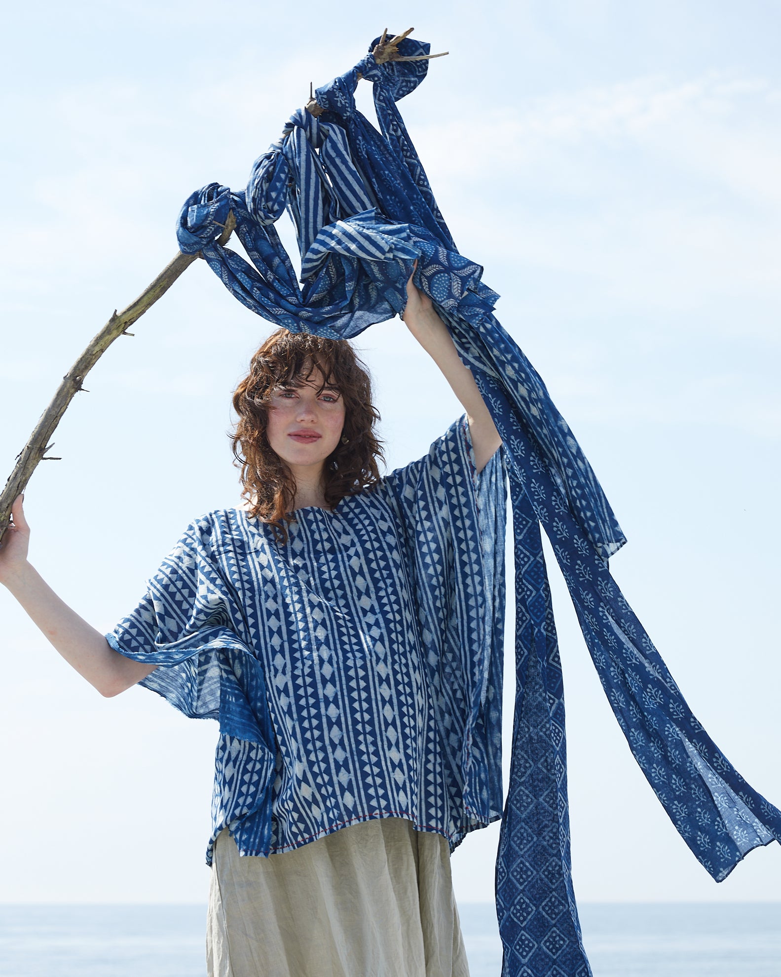 Blouse Trial. Block & clay printed, overdyed with indigo in thin cotton voile