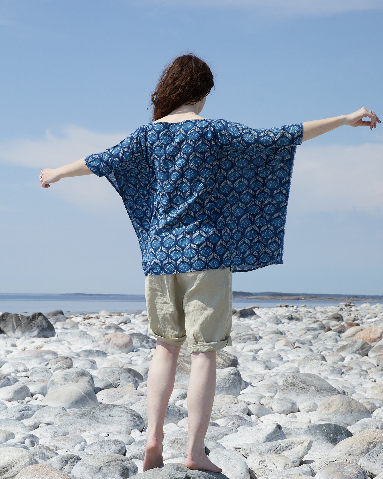 Blouse Bloom. Block & clay printed, overdyed with indigo in thin cotton voile