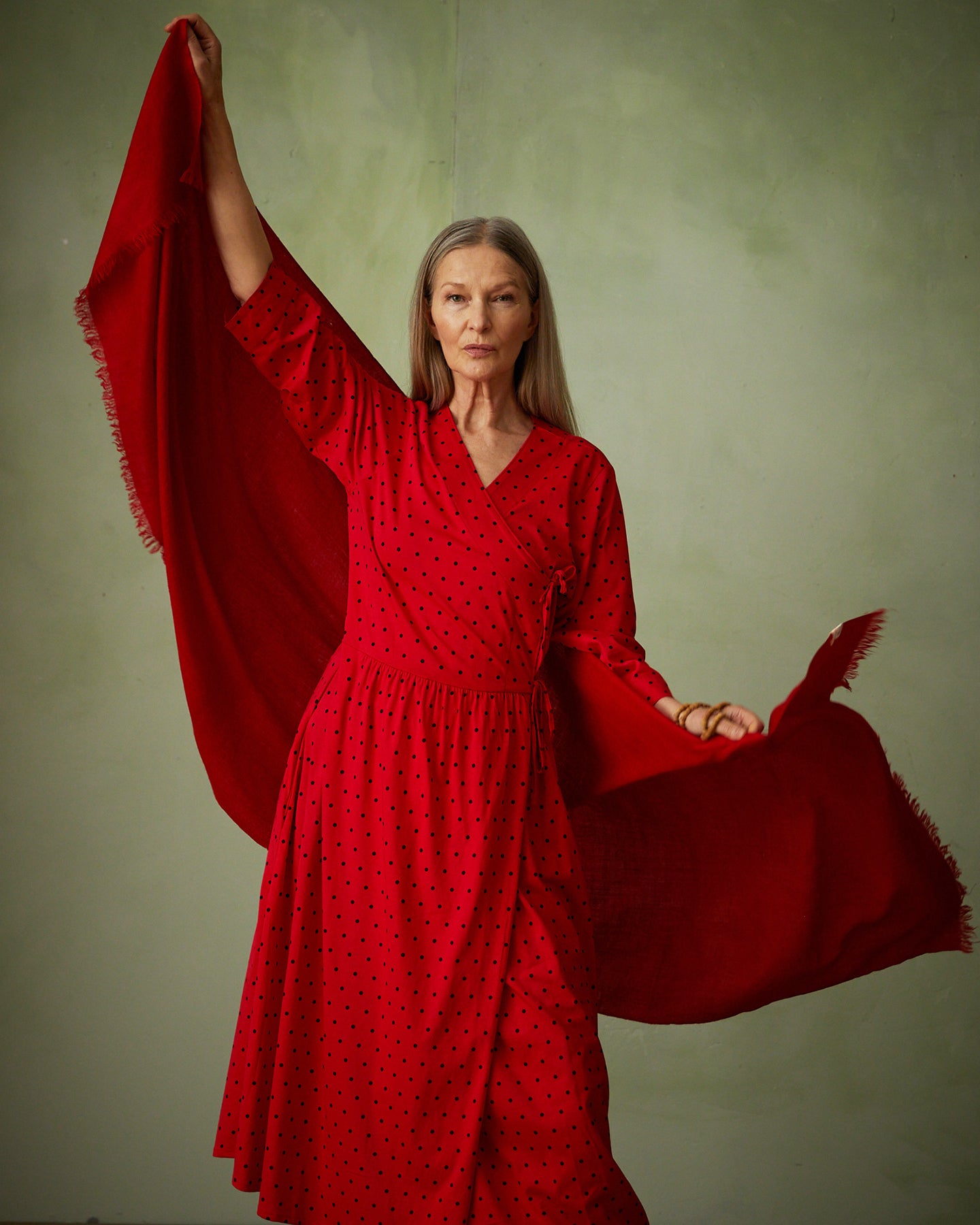 Dotted, cotton jersey wrap dress - Japan red