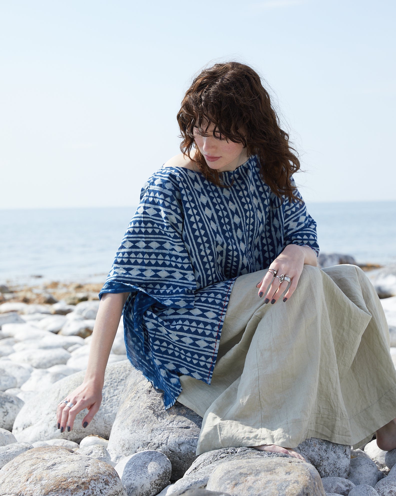 Blouse Trial. Block & clay printed, overdyed with indigo in thin cotton voile