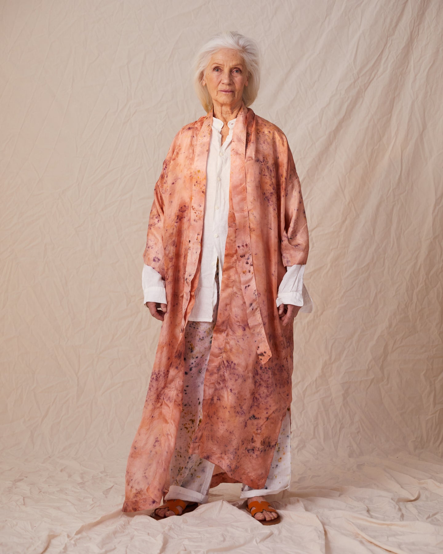 Kimono in silk naturally coloured, pink flower