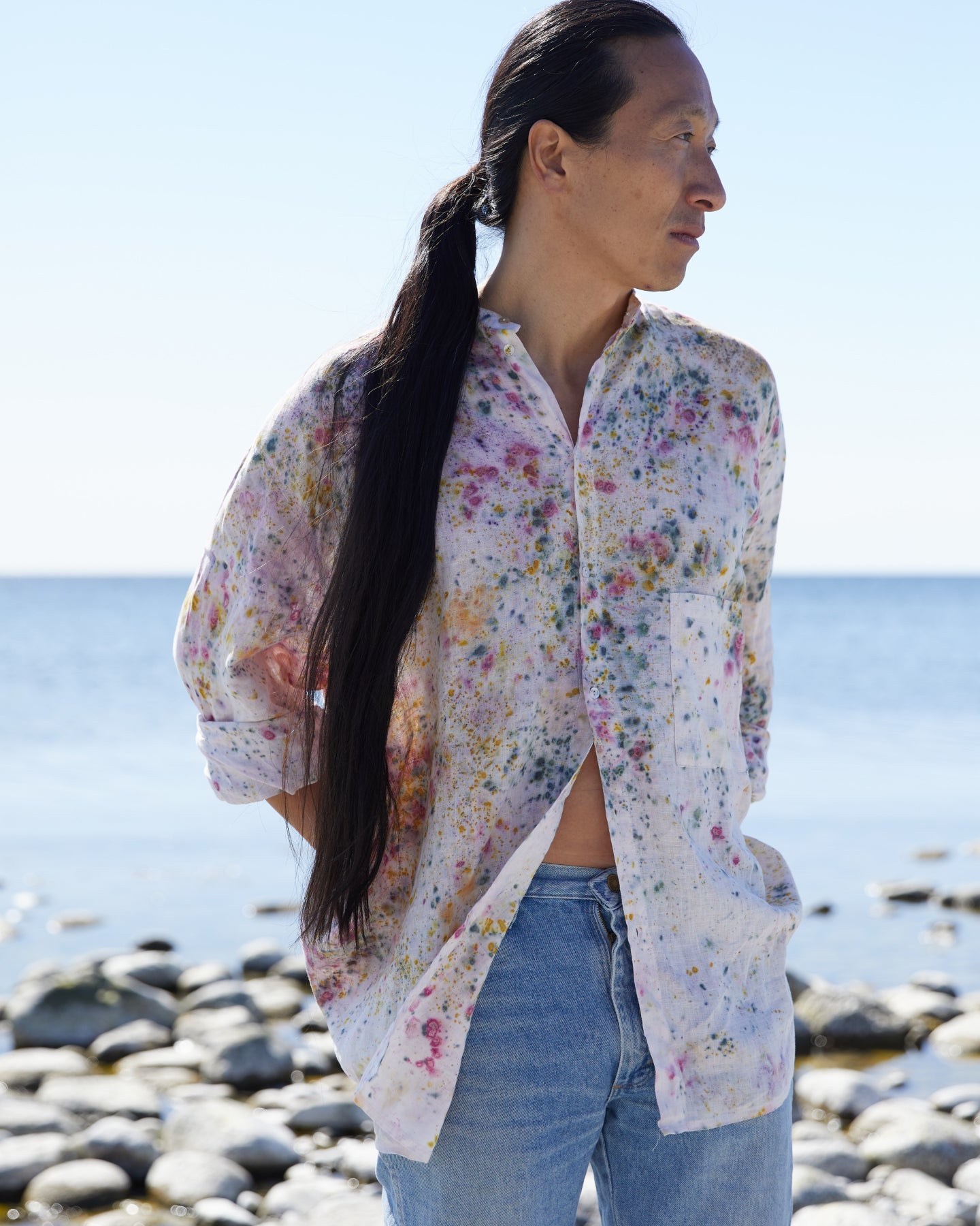 Plant Dye roomy, Linen Banded-collar Shirt (Unisex) – unique piece of wearable art, pink