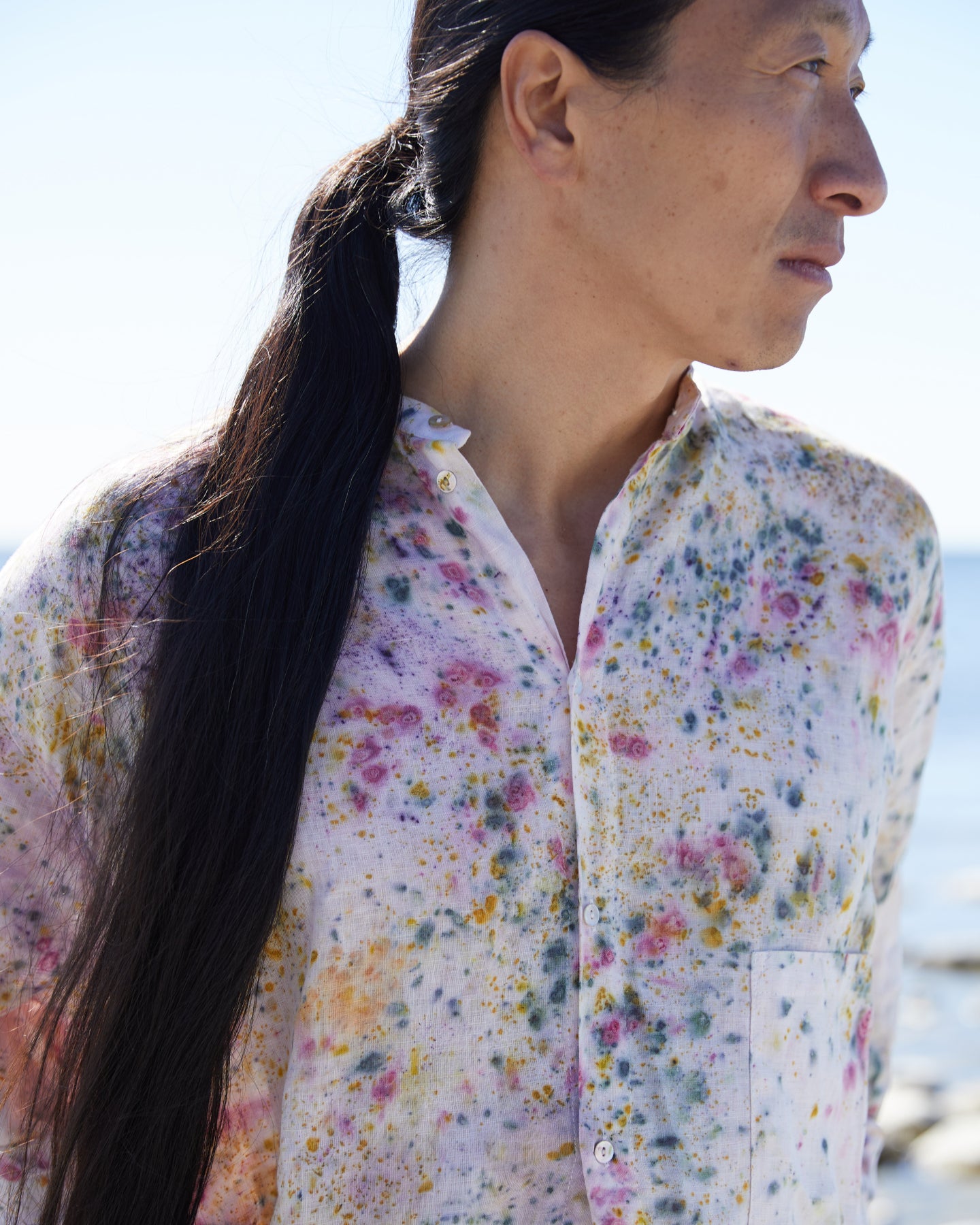 Plant Dye roomy, Linen Banded-collar Shirt (Unisex) – unique piece of wearable art, pink