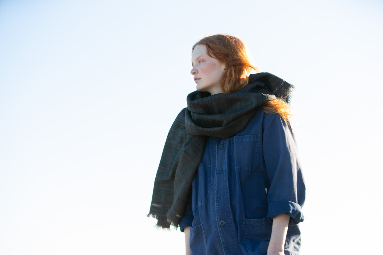 No. 1 Wild Silk and West Bengali Merino Wool Shawl – Obsidian Black