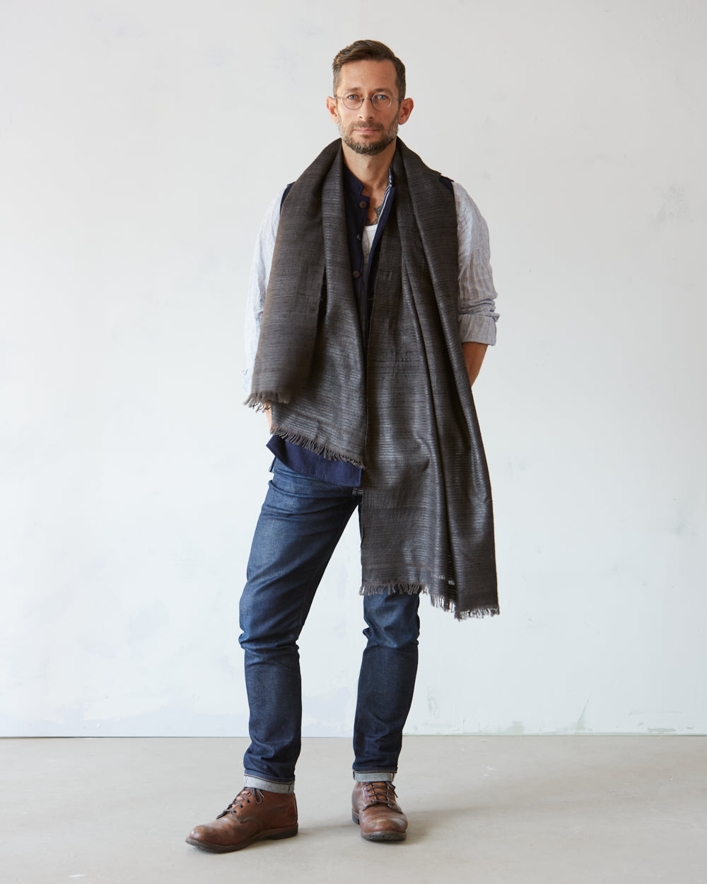 No. 1 Wild Silk and West Bengali Merino Wool Shawl – Obsidian Black