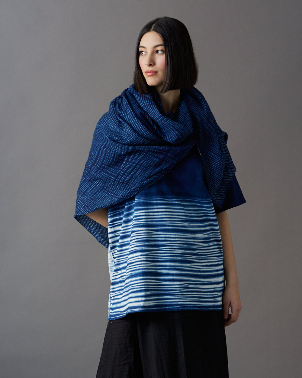 Arashi Shibori Indigo Pashmina Wool Shawl  – Indigo
