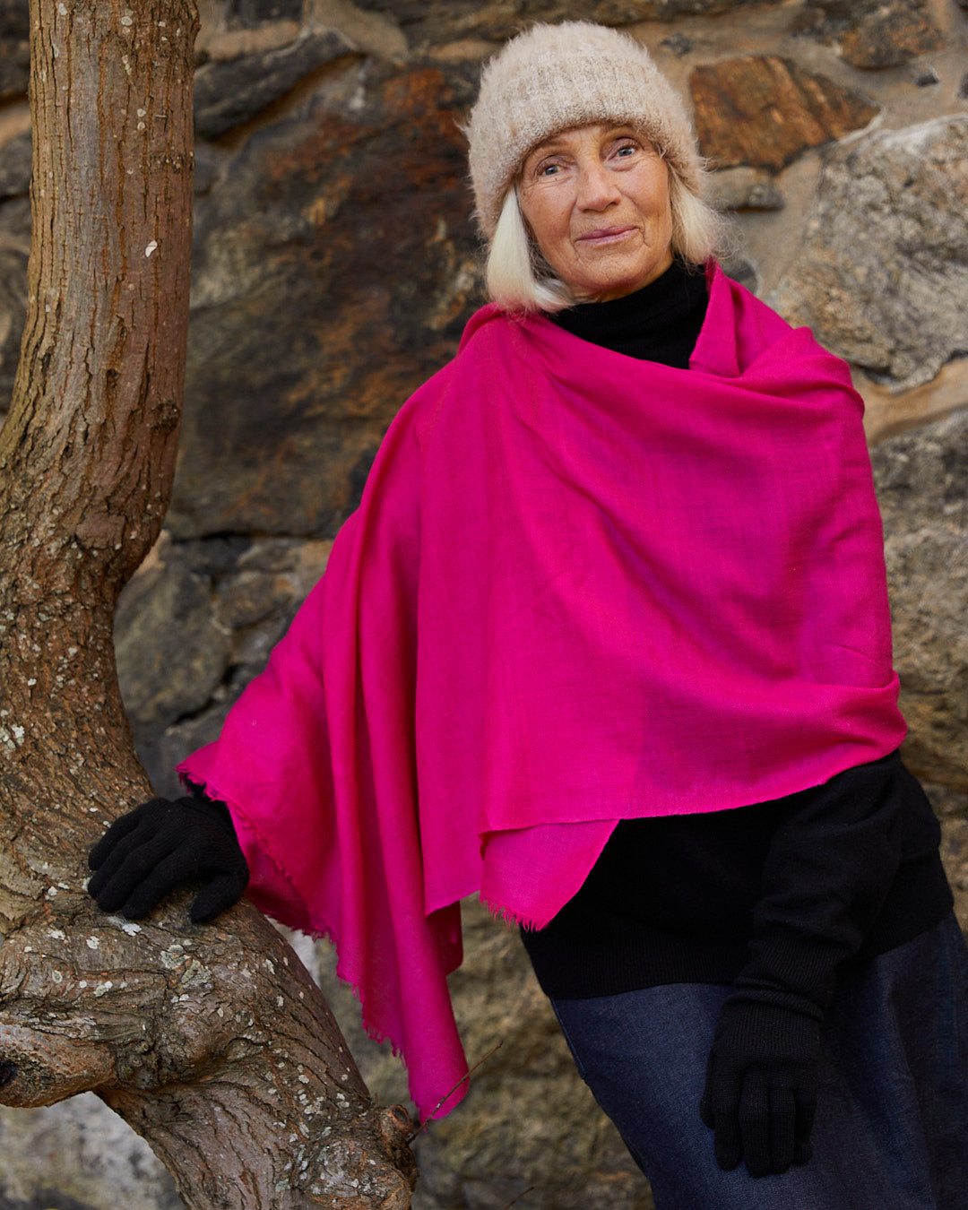 Silk and Himachali Merino Wool Shawl – Fuchsia Pink