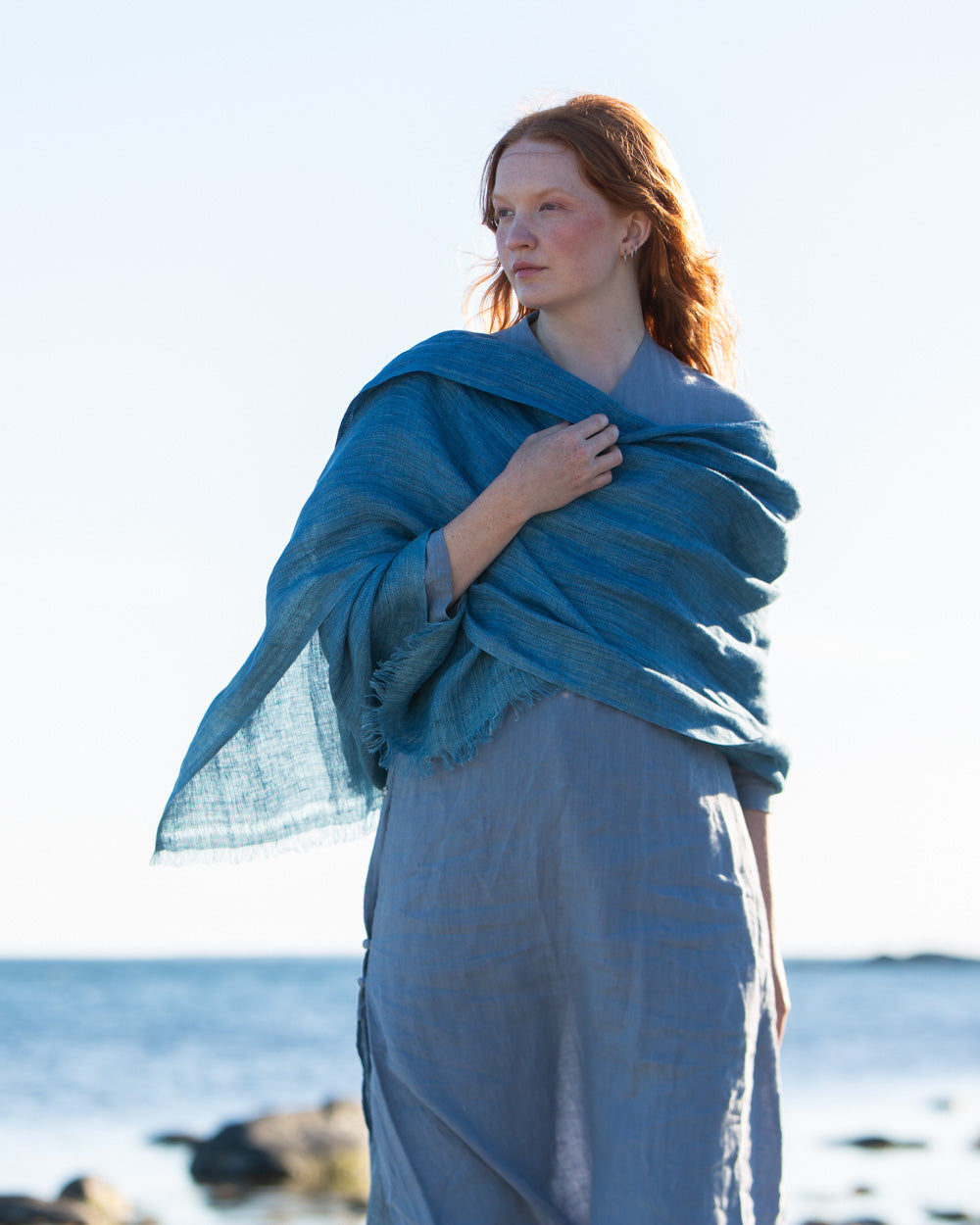 Large, Hand-woven Linen Shawl – Indigo Blue