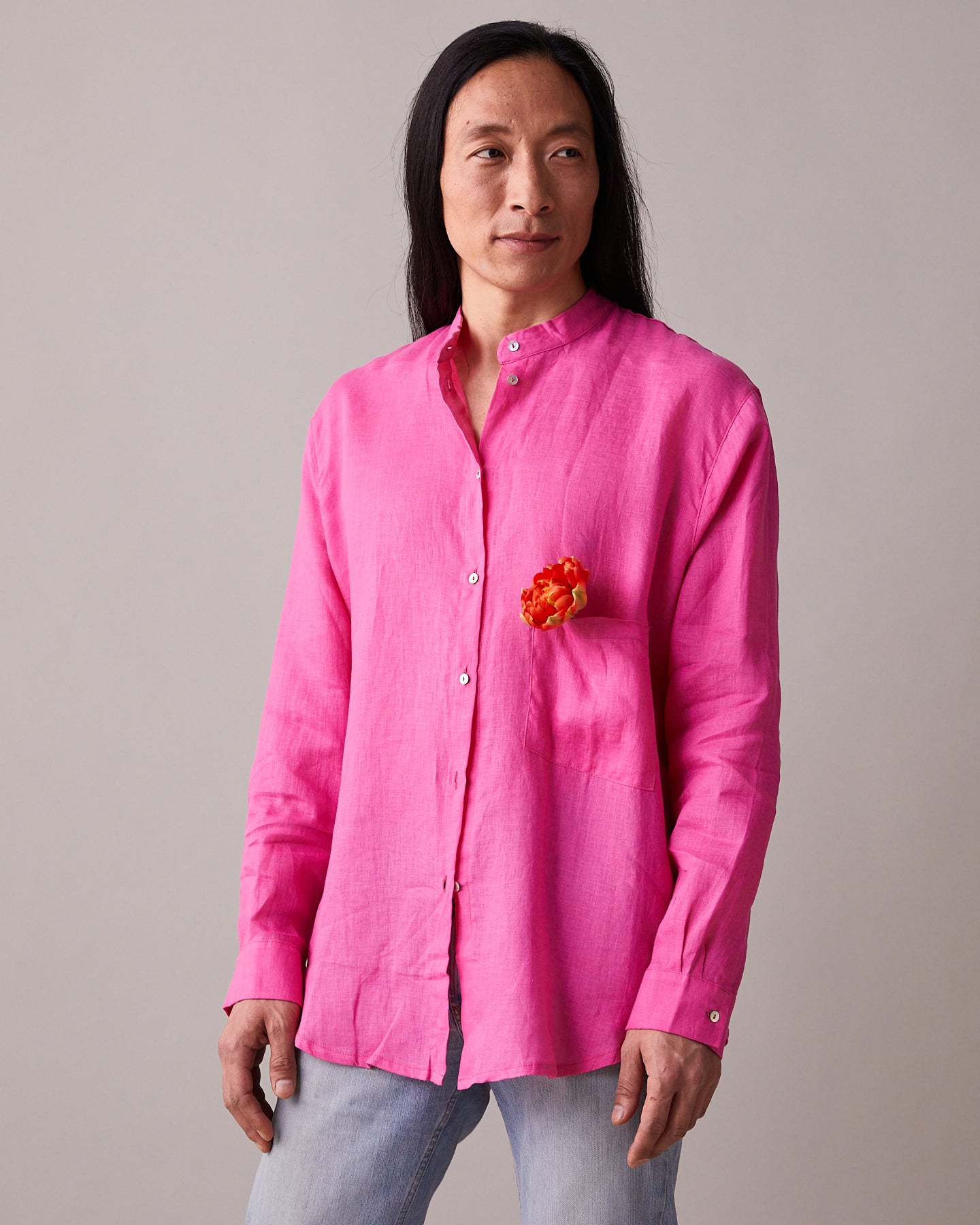 Roomy, Linen Banded-collar Shirt (Unisex) – Pink
