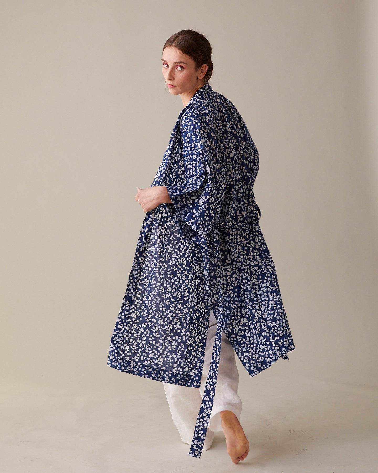 Cotton block-printed kimono with indigo overdye 