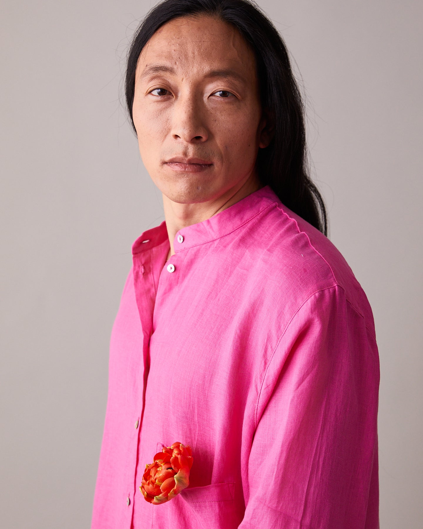 Roomy, Linen Banded-collar Shirt (Unisex) – Pink
