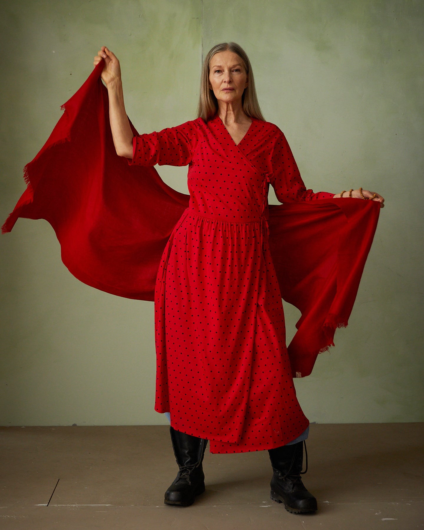 Dotted, cotton jersey wrap dress - Japan red