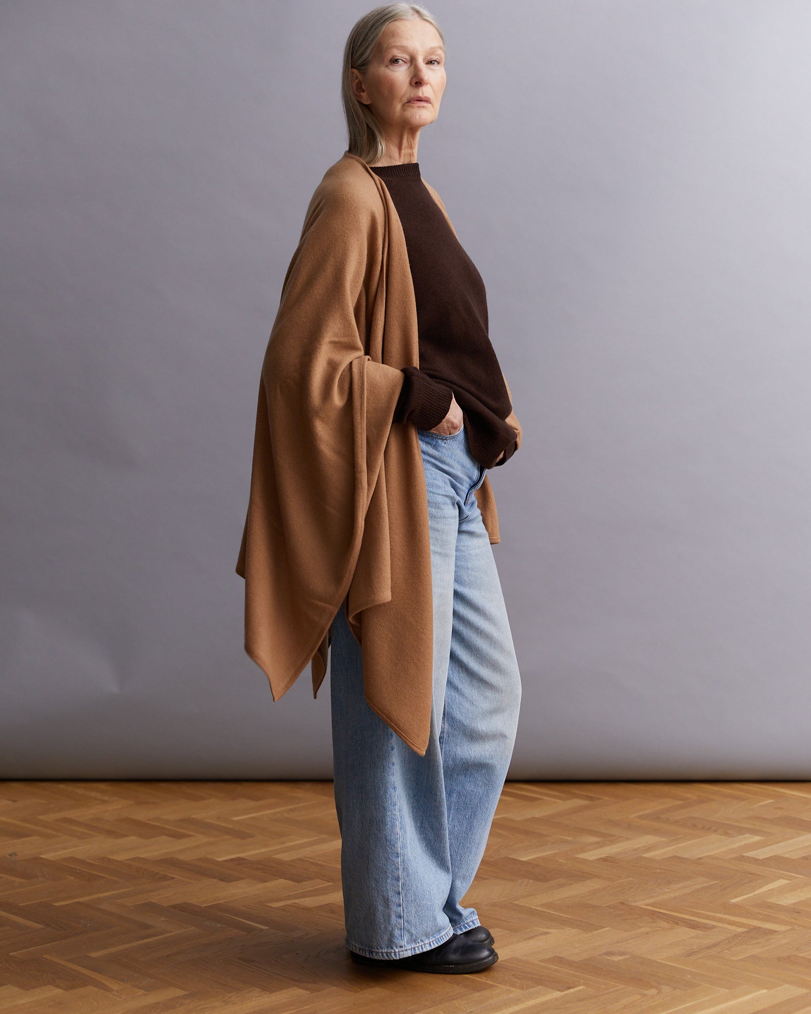 Cashmere poncho from Nepal, exclusive, Camel beige