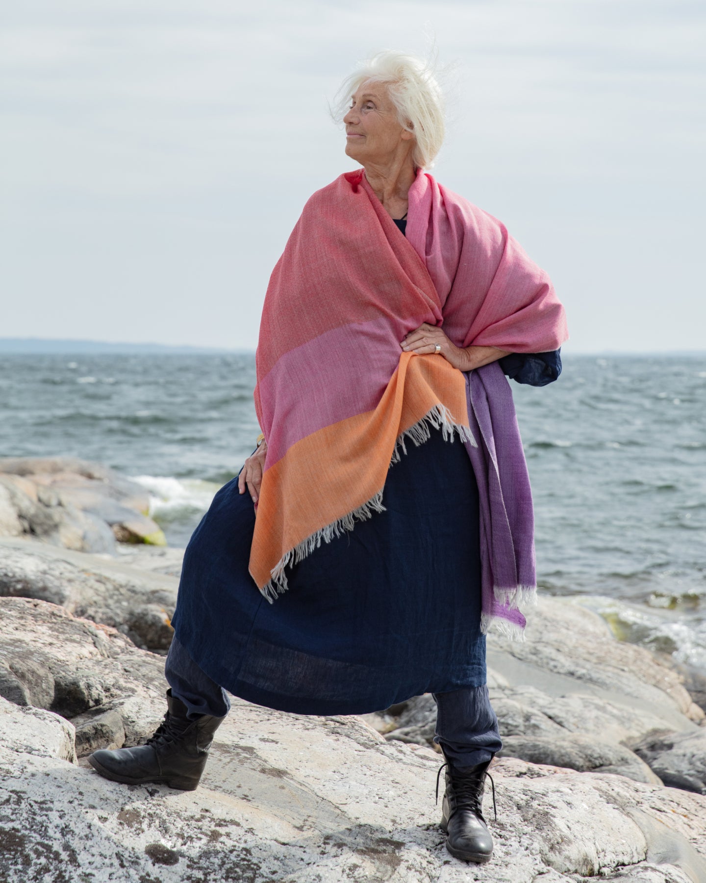 Striped Handwoven Shawl from Kashmir- Red, Pink, Orange, Purple