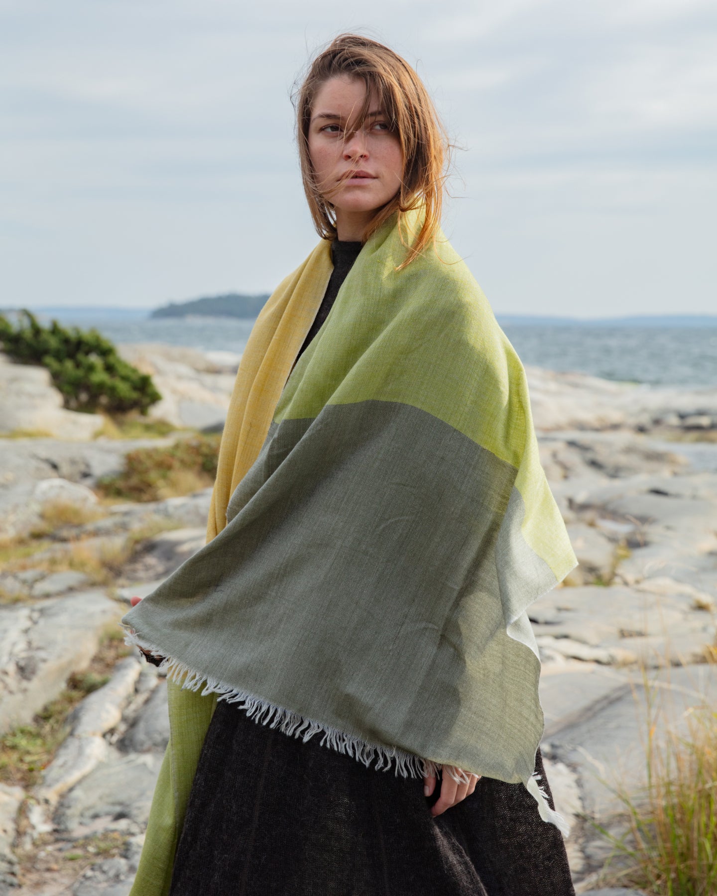 Striped Handwoven Shawl from Kashmir - Green mix olive, ocher