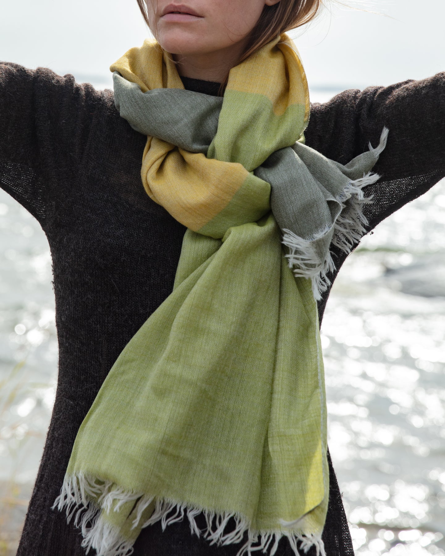 Striped Handwoven Shawl from Kashmir - Green mix olive, ocher