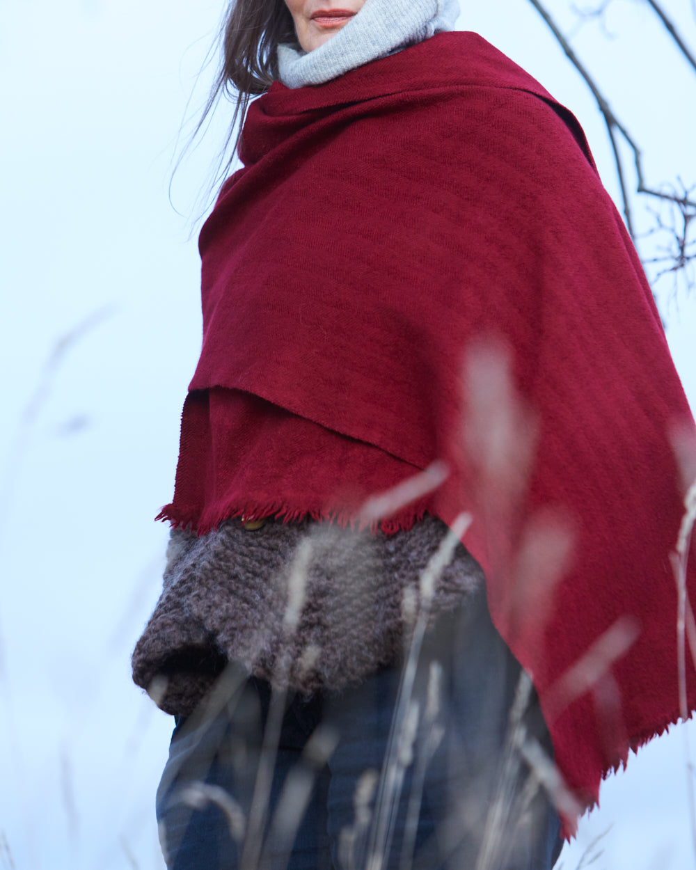 Sjal i jak & merinoull från Himachal Pradesh – engelsk röd