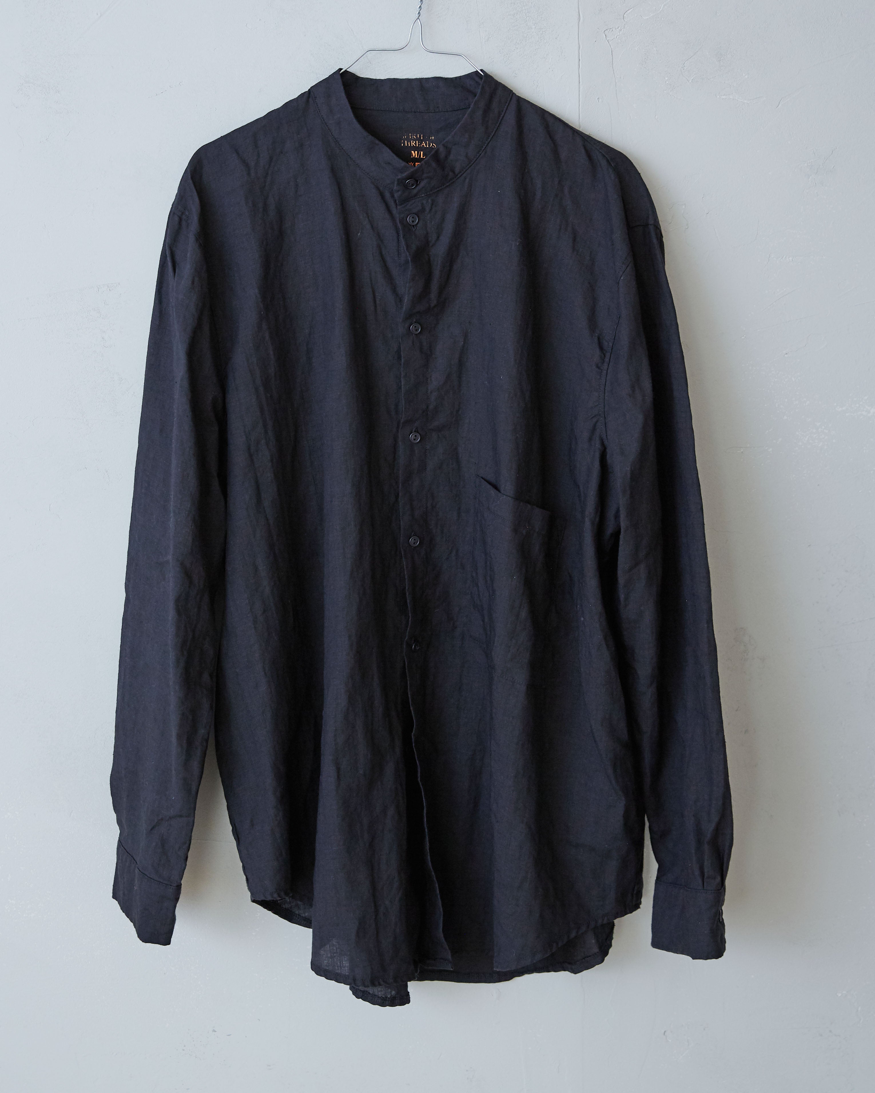 Roomy, Linen Banded-collar Shirt (Unisex) – Obsedian Black
